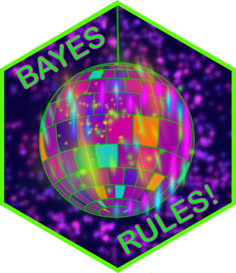 a hex shaped logo with shiny green-pink disco ball and purple starry background. There is text that says Bayes Rules!