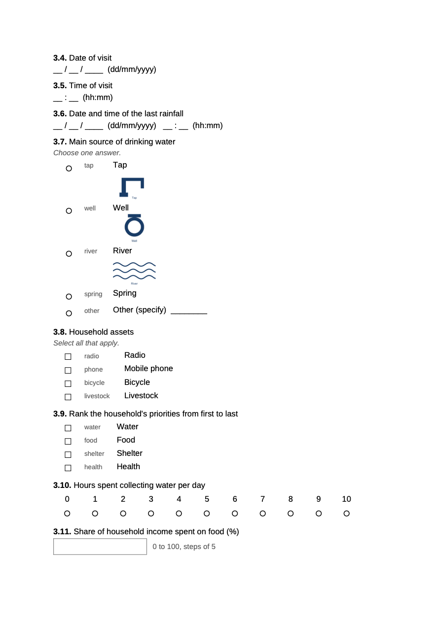 Page 2 of the same form: date and time patterns, single choice questions with choice images, a multiple choice question, a rank question and a numeric scale.