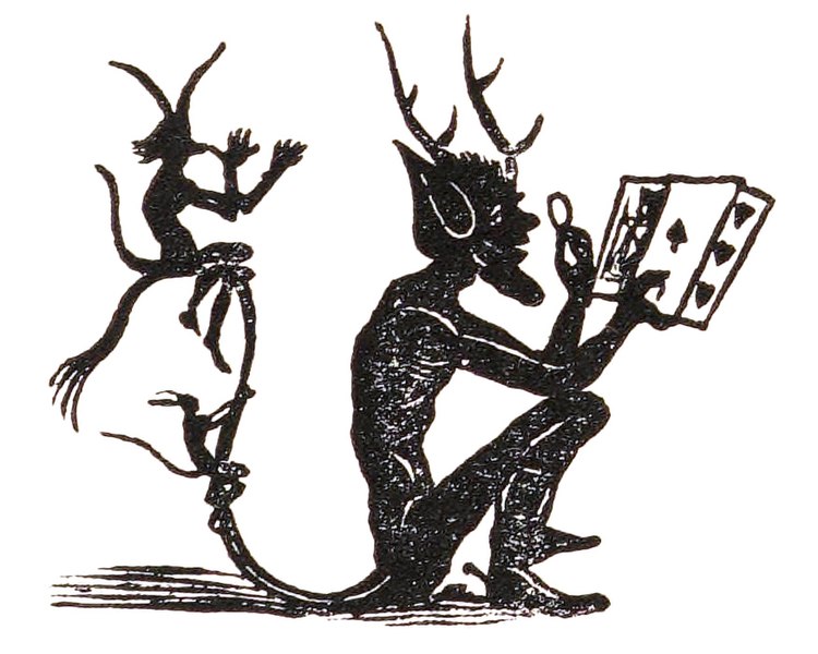 Illustration of an imp looking at a hand of playing cards. Published on page 193 of Le grand Etteilla, ou, l'art de tirer les cartes.