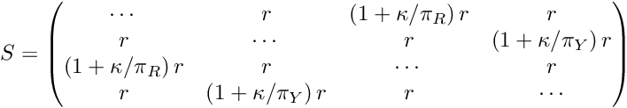 \[ S = \begin{pmatrix} \cdots & r & \left(1 + \kappa/\pi_R\right) r & r \\ r & \cdots & r & \left(1 + \kappa/\pi_Y\right) r \\ \left(1 + \kappa/\pi_R\right) r & r & \cdots & r \\ r & \left(1 + \kappa/\pi_Y\right) r & r & \cdots \\ \end{pmatrix} \]