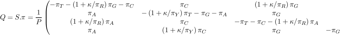 \[ Q = S . \pi = \frac{1}{P}\begin{pmatrix} -\pi_T-\left(1 + \kappa/\pi_R\right)\pi_G-\pi_C & \pi_C & \left(1 + \kappa/\pi_R\right)\pi_G & \pi_T \\ \pi_A & -\left(1 + \kappa/\pi_Y\right)\pi_T-\pi_G-\pi_A & \pi_G & \left(1 + \kappa/\pi_Y\right)\pi_T \\ \left(1 + \kappa/\pi_R\right)\pi_A & \pi_C & -\pi_T-\pi_C-\left(1 + \kappa/\pi_R\right)\pi_A & \pi_T \\ \pi_A & \left(1 + \kappa/\pi_Y\right)\pi_C & \pi_G & -\pi_G-\left(1 + \kappa/\pi_Y\right)\pi_C-\pi_A \\ \end{pmatrix} \]