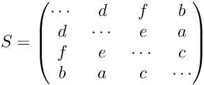 \[ S = \begin{pmatrix} \cdots & d & f & b \\ d & \cdots & e & a \\ f & e & \cdots & c \\ b & a & c & \cdots \\ \end{pmatrix} \]