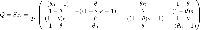 \[ Q = S . \pi = \frac{1}{P}\begin{pmatrix} -(\theta\kappa+1) & \theta & \theta\kappa & 1-\theta \\ 1-\theta & -((1-\theta)\kappa+1) & \theta & (1-\theta)\kappa \\ (1-\theta)\kappa & \theta & -((1-\theta)\kappa+1) & 1-\theta \\ 1-\theta & \theta\kappa & \theta & -(\theta\kappa+1) \\ \end{pmatrix} \]