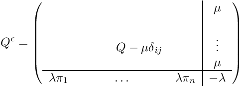 \[ Q^\epsilon = \left( \begin{array}{ccc|c} & & & \mu \\ & \rule{0cm}{1cm}\rule{1cm}{0cm}Q-\mu\delta_{ij} & & \vdots \\ & & & \mu \\ \hline \lambda\pi_1 & \ldots & \lambda\pi_n & -\lambda \\ \end{array} \right) \]