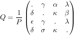 \[ Q= \frac 1P \begin{pmatrix} . & \gamma & \alpha & \lambda \\ \delta & . & \kappa & \beta \\ \epsilon & \gamma & . & \lambda \\ \delta & \sigma & \kappa & .\\ \end{pmatrix} \]